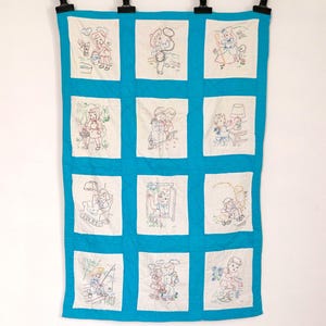 Charming Vintage Child&#39;s Cotton Blanket - Hand Painted Nursery Quilt Blocks Top with Flannel Backing