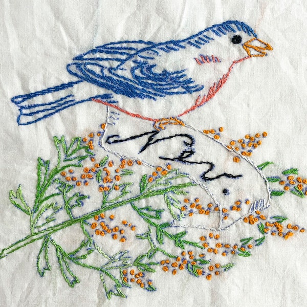 FREE SHIPPING: Vintage Nevada State Bird Blue Bird and Flower Sage Brush Quilt Block - Hand Stitched Embroidered Fabric to Frame Craft