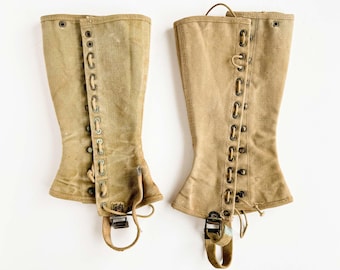 Vintage Pair Military Canvas Leggings / Gaiters / Puttees - Hook and Eye Closures with Strap