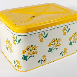 Scatola per il pane vintage in metallo con coperchio giallo incernierato - Fiori gialli e verdi
