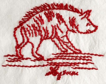 FREE SHIPPING: Vintage Embroidered Quilt Block - Red Hyena on White Fabric Square - Hand Stitched Quilt Piece