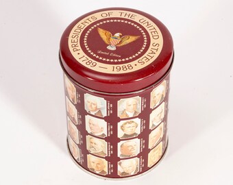 Vintage "Presidents of the United States 1789-1988" Cylindrical Metal Tin - Lidded Container