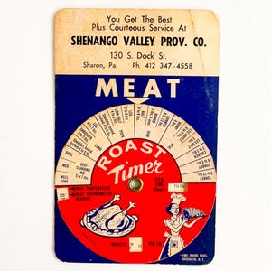 May include: Vintage meat roast timer with a blue and red design. The timer features a rotating dial with cooking times for various cuts of meat, including turkey, chicken, and beef. The timer also includes a graphic of a cooked turkey.