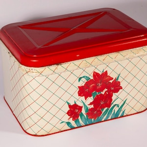 Può includere: Una scatola portaoggetti rettangolare in metallo con coperchio rosso e corpo bianco. Il corpo presenta un motivo a quadri rossi e verdi e un motivo floreale con fiori rossi e foglie verdi. La scatola è probabilmente vintage.
