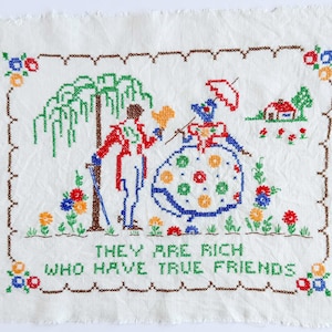GRATIS VERZENDING: vintage handgestikte 'True Friends' sampler - klaar om in te lijsten wanddecoratie