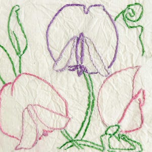 May include: A white fabric panel featuring an embroidered design of three flowers with green stems and leaves. One flower is purple, while the other two are pink. The embroidery uses simple outline stitching on a textured, off-white background.