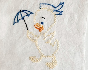 Embroidered Duck Quilt Block: Vintage Nursery Decor Fabric Piece