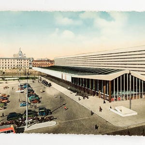 GRATIS VERZENDING: ansichtkaart met werkelijke vintage Rome - ingekleurde vertolking vóór WO11: RomaTerminus Station Square-postkaart