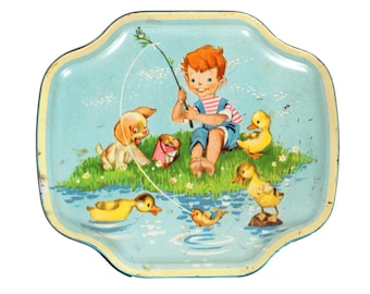 Scatola di latta vintage inglese - Scatola in metallo con ragazzo che pesca - Horner Made in England