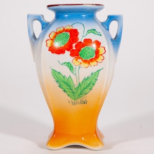 Vintage Floral Ceramic Vase: Small Rectangular Handled Asian Decor