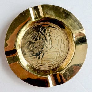 Vintage Solid Brass Small Pin Dish /Ashtray / Coaster with Incised Ostrich