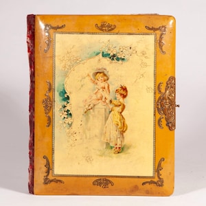 Antique Victorian Celluloid Photo Album: Young Girls Embossed Cover