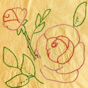 Vintage Embroidered Roses Flower Quilt Block - Cotton Quilt Piece - Ruby McKim Pattern