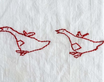 Vintage Embroidered Flying Geese Quilt Block: Redwork Farmhouse Decor