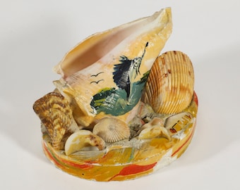 Vintage Shell Sculpture - Folk Art Painted Sea Shells in Plaster - Kitsch Boho Nautical Beach Decor