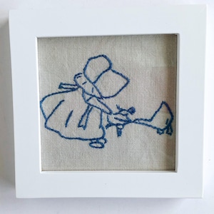 Vintage Hand Embroidered Girl and Goose Framed Art: 1960s Quilt Square