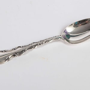 May include: A silver-colored metal spoon featuring an ornate, embossed scrollwork pattern along the handle. The spoon has a polished, reflective oval bowl and a curved, decorative stem that tapers toward the handle end, which displays a symmetrical, detailed relief design.