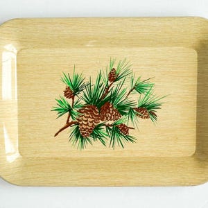 Vintage Tin Tray - Pine Cones on Small Metal Decorative Tray - Midcentury Retro Decor
