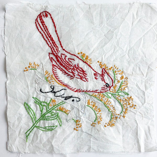 FREE SHIPPING: Vintage Kentucky State Quilt Block with State Bird and Flower - Cardinal and Solidago