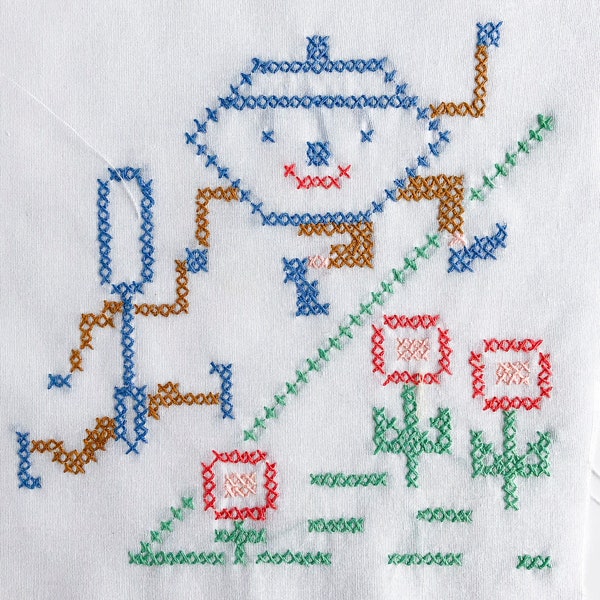 FREE SHIPPING: Vintage Hand Embroidered Nursery Rhyme Quilt Block - Dish Ran Away with the Spoon Quilt Square