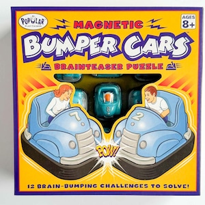 May include: A boxed "Magnetic Bumper Cars" brainteaser puzzle. The box is yellow with blue and red accents, featuring illustrations of bumper cars with people inside. The text reads "Bumper Cars" and "Brainteaser Puzzle".