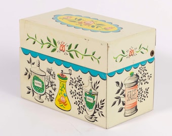 Vintage Metal Recipe/File Box - Retro Kitchen Graphics on Hinged Top Tin