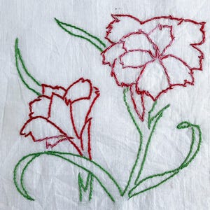 Vintage Hand Embroidered Quilt Piece - Red Carnations