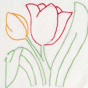 May include: Embroidered floral design featuring a red and white tulip in full bloom, an orange tulip bud, and green leaves and stems. The design is stitched on a white background.