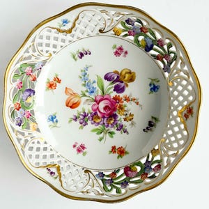 Vintage Large Bavarian Dresden Flowers Bowl with Reticulated Rim - 10&quot; Schumann Dish
