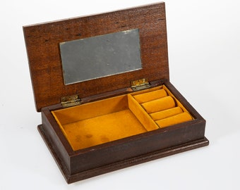 Vintage Wood Jewelry Box with Lift Up Lid, Mirror and Fabric Compartments