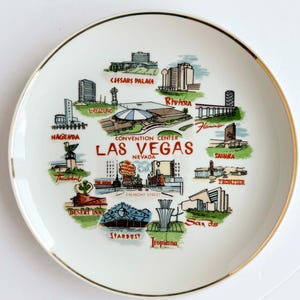 Vintage Las Vegas Dish - Nevada Plate - Ceramic Casinos Souvenir - MidCentury Man Cave Decor