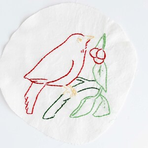 Vintage Embroidered Round Quilt Block - Sparrow on Branch