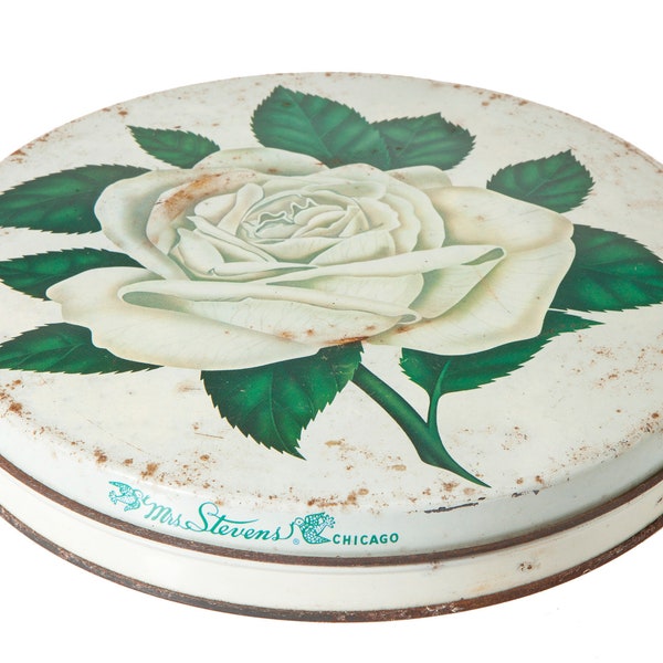 Vintage White Rose Cookie Tin - Mrs. Stevens, Chicago Bakery Round Metal Container