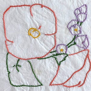 FREE SHIPPING: Vintage Floral Quilt Block - Embroidered Ruby Short McKim Hollyhock Quilt Square