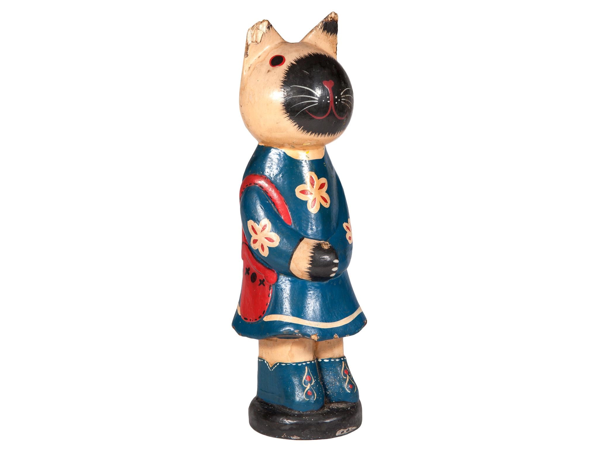 Vintage Wood Cat - Free Standing Hand Carved and Painted Folk Art Animal Figure Sculpture