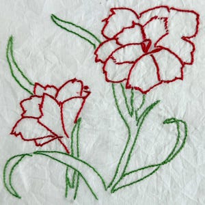FREE SHIPPING: Vintage Hand Embroidered Quilt Piece - Red Carnations Hand Stitched on Cotton Square - Antique Quilt Fabric