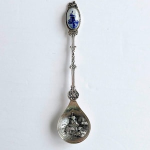 Vintage 835 Silver Dutch Netherlands Demi-Tasse Spoon with Blue & White Oval Windmill