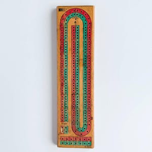 Puede incluir: Un tablero de cribbage rectangular de madera con la marca Hoyle en la parte superior. El tablero tiene una pista en forma de U con secciones pintadas en rojo y verde que contienen agujeros perforados para clavijas, marcados con etiquetas de Start y Finish.
