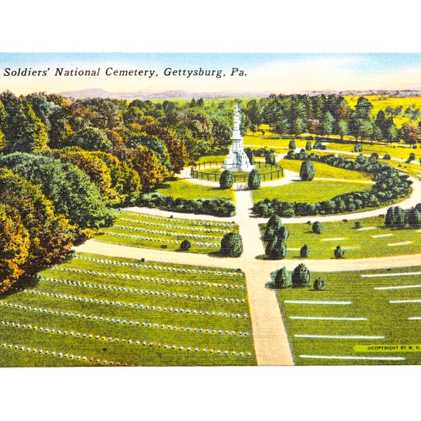 FREE SHIPPING: Actual Vintage Linen Souvenir Postcard - Soldiers' National Cemetery, Gettysburg, PA - Tipton Copyright Unmailed Card