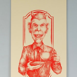 May include: A red illustration of a devil in a suit holding a cup of coffee. The text "Nice to meet you" is below the image.