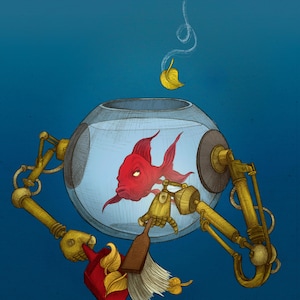 Könnte beinhalten: Illustration eines roten Goldfischs in einer runden Glasschüssel mit mechanischen Armen und Werkzeugen. Ein goldenes Blatt schwebt über der Schüssel. Der Hintergrund ist ein Blauton.