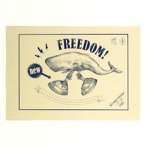 Freedom! – Handgedruckter Siebdruck Wal mit mechanischen Beinen | Surreale Vintage Illustration Poster Wandbild