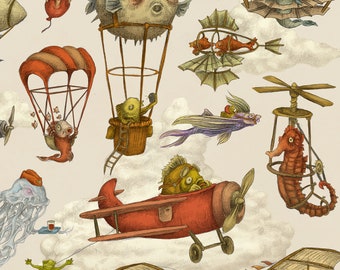 Póster de criaturas marinas voladoras: Ilustración fantástica con peces voladores, medusas y tortugas | Decoración infantil para la habitación
