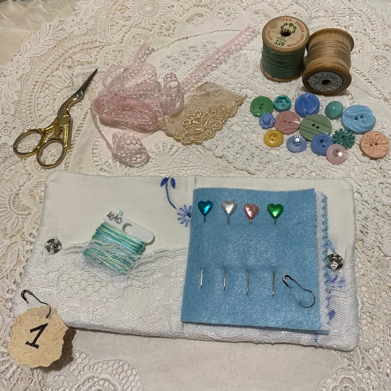 vintage Blue /& White Quilt with slow stitch details Sewing Needle Case Needle Book keep your sewing notions in handy reach
