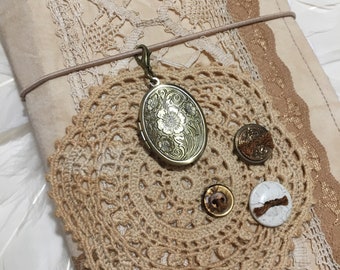 Beautiful Oval BRASS Floral LOCKET JOURNAL charm - gorgeous Photo keeping for Your precious memories (Dangle Clasp or Garment/Bulb Pin)