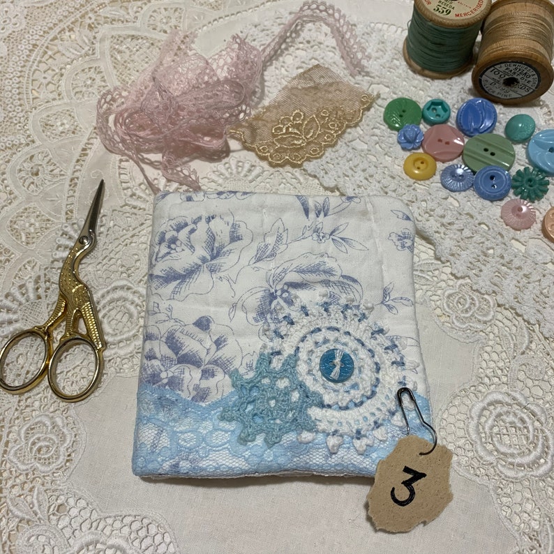 vintage Blue /& White Quilt with slow stitch details Sewing Needle Case Needle Book keep your sewing notions in handy reach