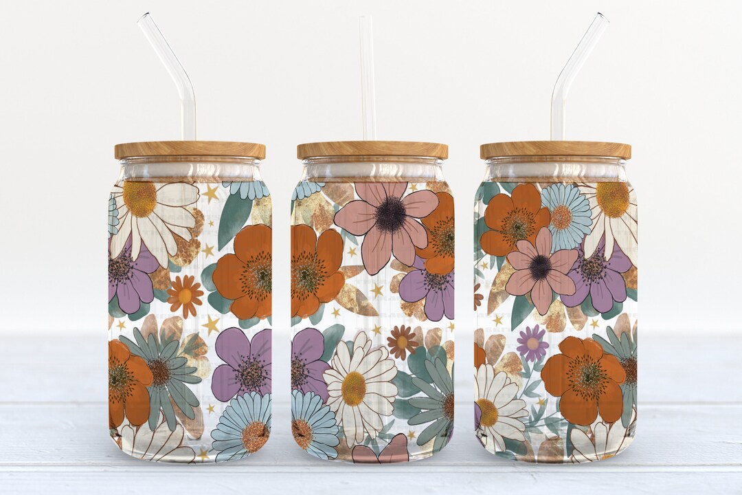 16 Oz Libbey Glass Can Tumbler Retro Flowers Sublimate Design -design ...