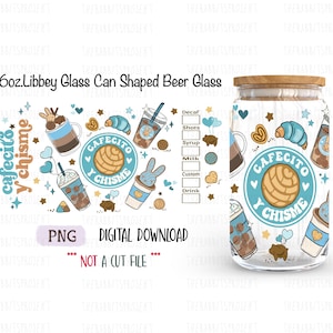 Cafecito y Chisme 16oz Can Glass PNG Hand Drawn Mexican Concha Sublimate Pan Dulce PNG Libbey Beer Glass Can Sublimation Digital Download  |