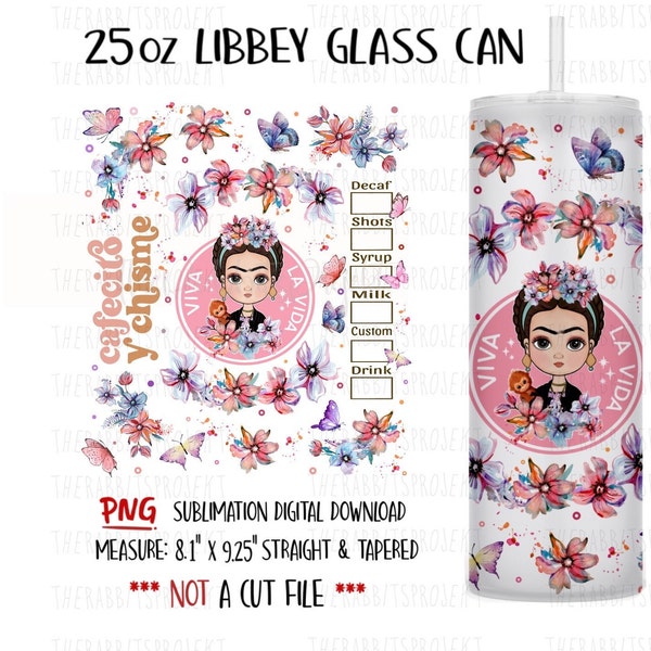 Cafecito Y Chisme 25oz Libbey Glass Can Tumbler Sublimation Design | Digital Download PNG  Flowers Sublimation  Butterfly PNG download