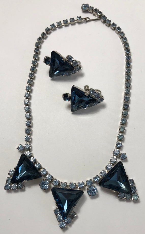 Vintage Triangular Blue Rhinestone Necklace & Ear… - image 6